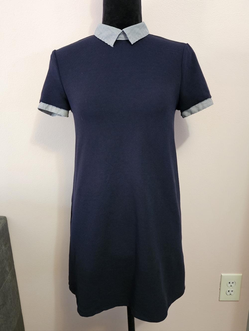 Zara Navy Blue Collared Striped Preppy Mini Dress - Size Small - Picture 2 of 8
